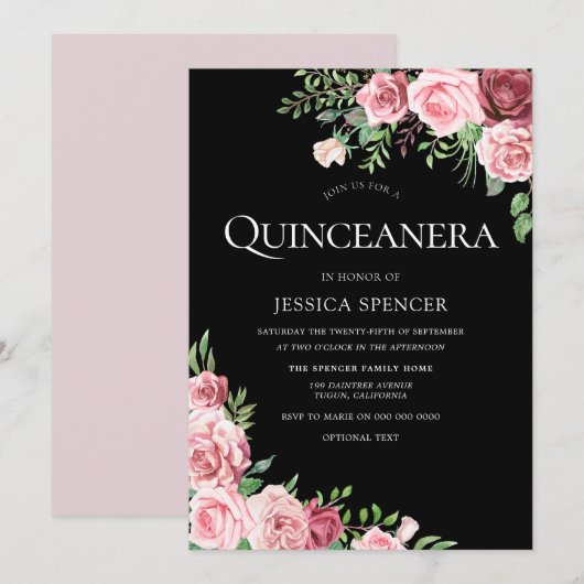 Black Blush & Burgundy Quinceanera Party Invite Kaart (Voorkant / Achterkant)