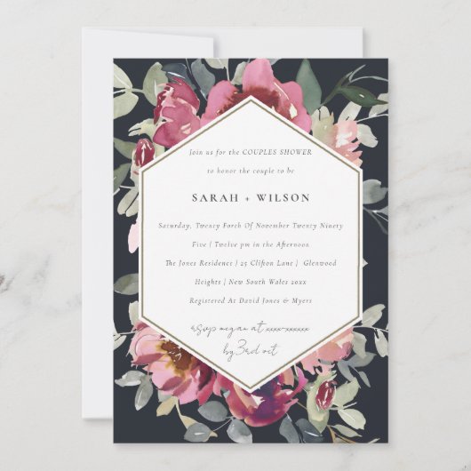 BLACK BLUSH BURGUNDY ROOS COUPLY SHOWER INVITE BEDANKKAART (Voorkant)