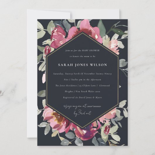 BLACK BLUSH BURGUNDY ROOS FLORA BABY SHOWER INVITE BEDANKKAART (Voorkant)