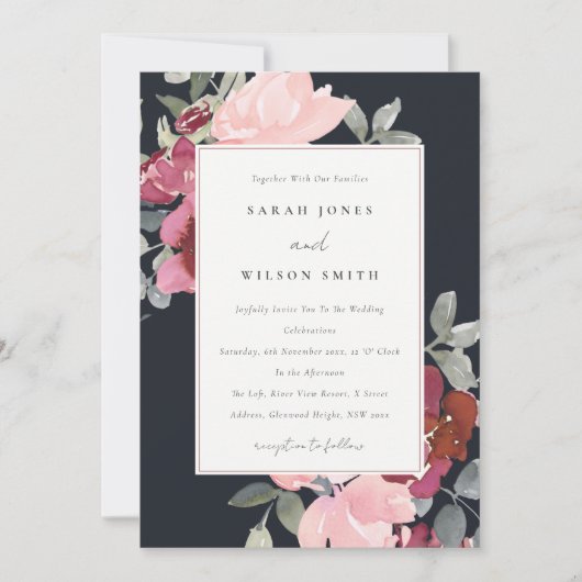 BLACK BLUSH BURGUNDY ROOS FLORAL WEDDING INVITE BEDANKKAART (Voorkant)
