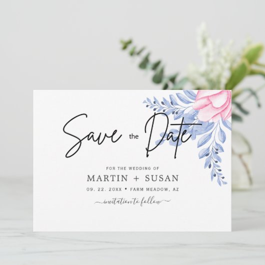 Black & Blush Dusty Blue Mauve Eucalyptus Weddensc Save The Date (Staand voorkant)