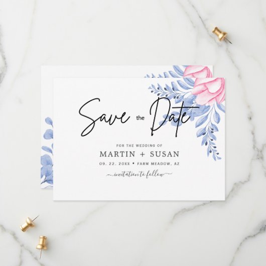Black & Blush Dusty Blue Mauve Eucalyptus Weddensc Save The Date (Voorkant / Achterkant in situ)