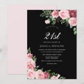 Black & Blush Flowers Girls 21ste verjaardag Kaart (Voorkant / Achterkant)