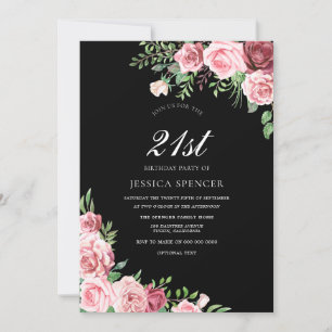 Black & Blush Flowers Girls 21ste verjaardag Kaart