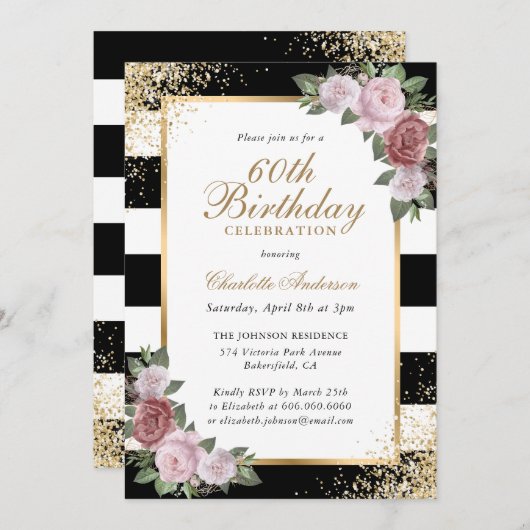 Black Blush Gouden Confetti Bloemen 60ste Verjaard Kaart (Voorkant / Achterkant)