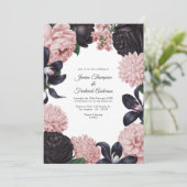 Black & Blush Photo/QR Code Floral Wedding Kaart (Staand voorkant)