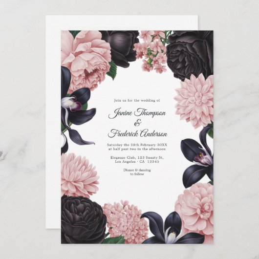 Black & Blush Photo/QR Code Floral Wedding Kaart (Voorkant / Achterkant)