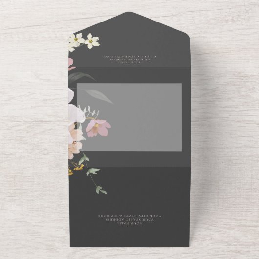 Black & Blush Pink Boho Flowers Dinner All In One Uitnodiging (Buitenkant)