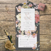 Black & Blush Pink Boho Flowers Dinner All In One Uitnodiging