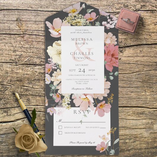 Black & Blush Pink Boho Flowers No Dinner All In One Uitnodiging