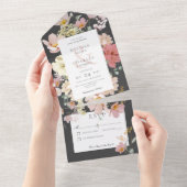 Black & Blush Pink Boho Flowers No Dinner All In One Uitnodiging (Afscheurbaar)