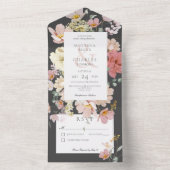 Black & Blush Pink Boho Flowers No Dinner All In One Uitnodiging (Binnen)