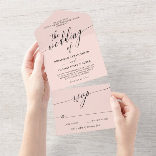 Black Blush Pink Delicate Calligraphy Wedding All In One Uitnodiging (Afscheurbaar)