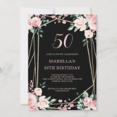 Black | Blush Pink Floral 50th Birthday Invitation Kaart (Voorkant)