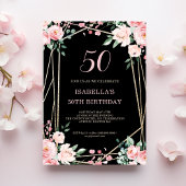 Black | Blush Pink Floral 50th Birthday Invitation Kaart