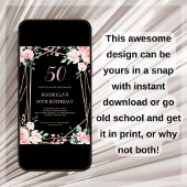 Black | Blush Pink Floral 50th Birthday Invitation Kaart