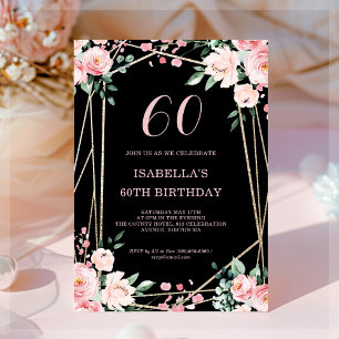 Black   Blush Pink Floral 60th Birthday Invitation Kaart