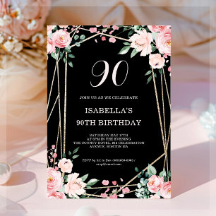 Black Blush Pink Floral 90e verjaardag uitnodigi Kaart