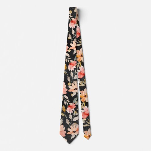 Black Blush Pink Floral Pattern Stropdas (Voorkant)