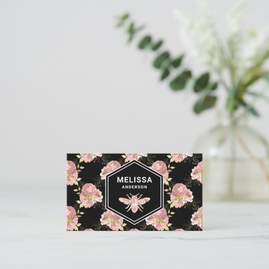 Black Blush Pink Floral Roos Gold Honey Bee Visitekaartje (Staand voorkant)