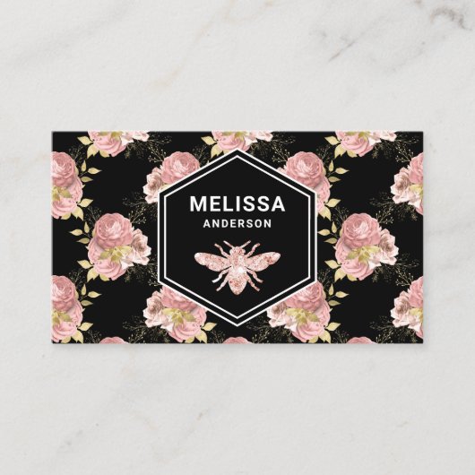 Black Blush Pink Floral Roos Gold Honey Bee Visitekaartje (Voorkant)