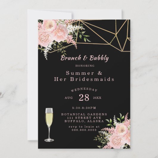 Black Blush Pink Gold Floral Brunch en Bubble Kaart (Voorkant)