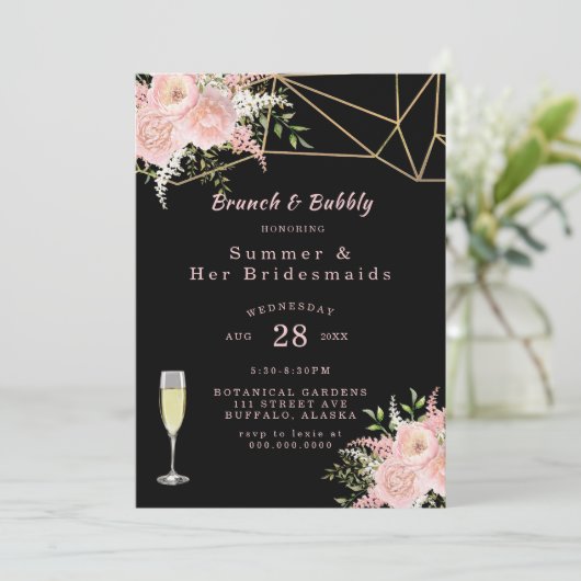 Black Blush Pink Gold Floral Brunch en Bubble Kaart (Staand voorkant)