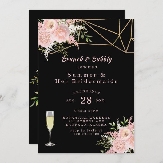 Black Blush Pink Gold Floral Brunch en Bubble Kaart (Voorkant / Achterkant)