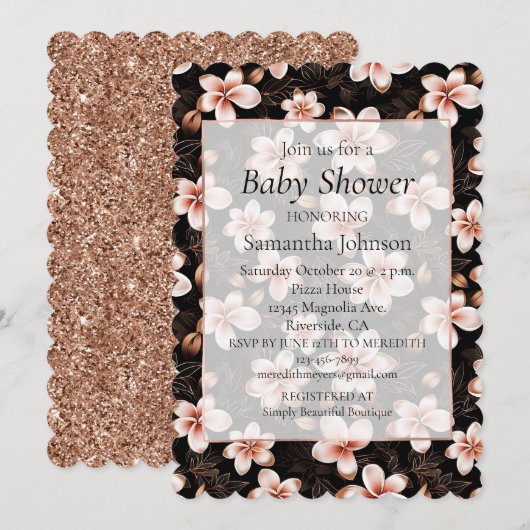 Black Blush Pink Rose Gold Floral Baby shower Kaart (Voorkant / Achterkant)