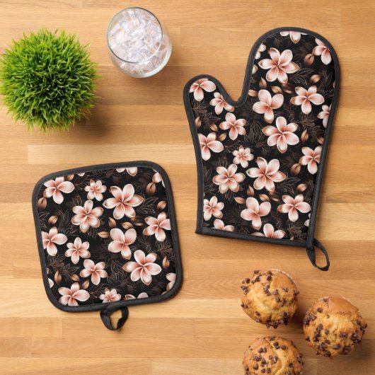 Black Blush Pink Rose Gold Floral Vrijgezellenfees Ovenwant & Pannenlap Set (Top down)