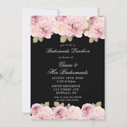 Black Blush Roses Bridesmaids Luncheon Invite (Voorkant)