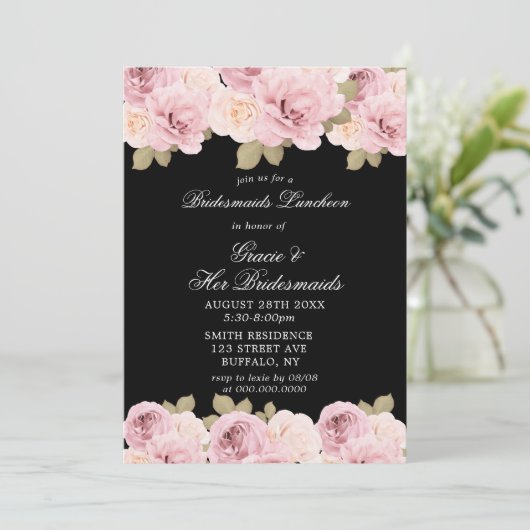 Black Blush Roses Bridesmaids Luncheon Invite (Staand voorkant)