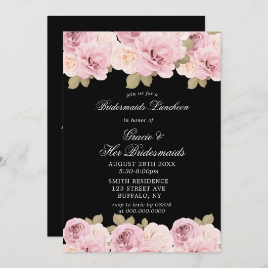 Black Blush Roses Bridesmaids Luncheon Invite (Voorkant / Achterkant)