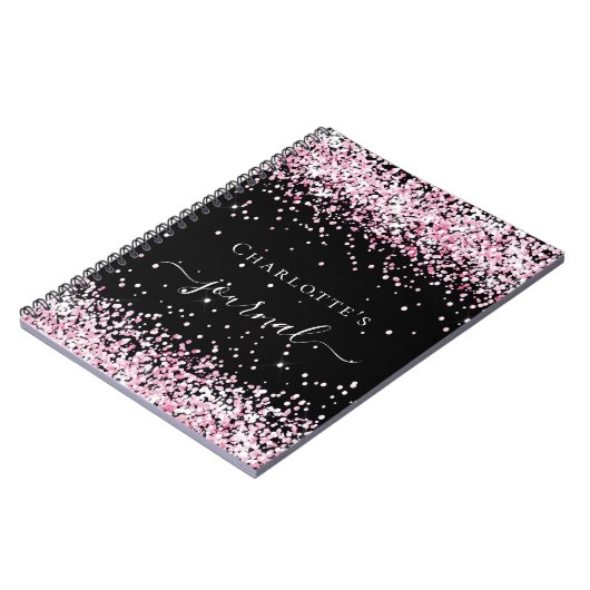 Black blush roze glitter name script journal notitieboek (Linkerzijde)