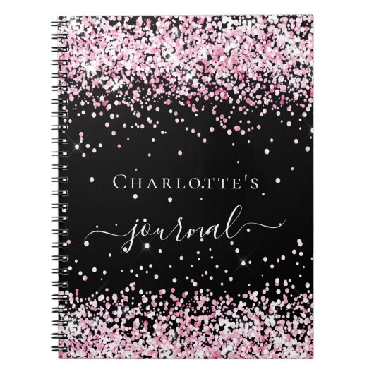 Black blush roze glitter name script journal notitieboek (Voorkant)