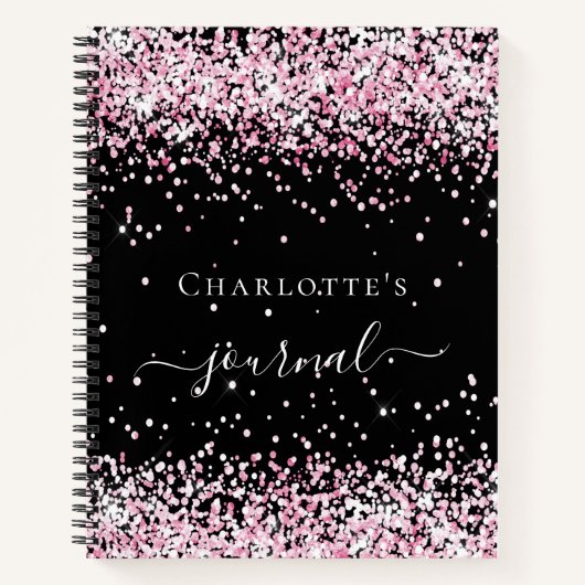 Black blush roze glitter name script journal notitieboek (Voorkant)