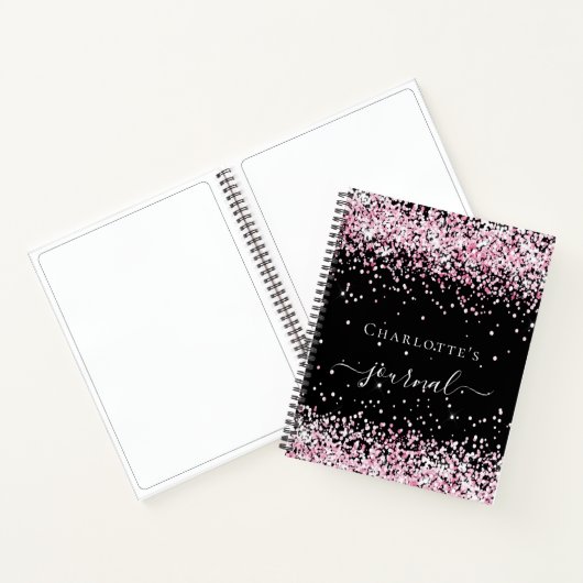Black blush roze glitter name script journal notitieboek (Binnen)