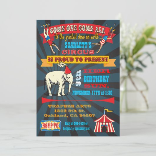 Black Board Verjaardag Circus Party Uitnodigingen (Staand voorkant)
