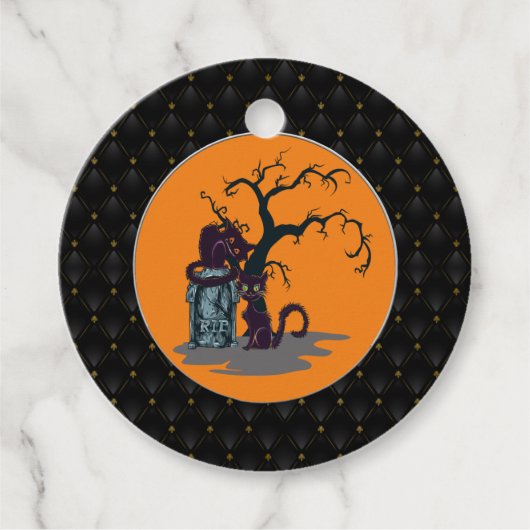Black Boarder Black Cats Tombstone Tree Halloween Bedankjes Labels (Voorkant)