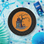 Black Boarder Black Cats Tombstone Tree Halloween Papieren Bordje (Feest)