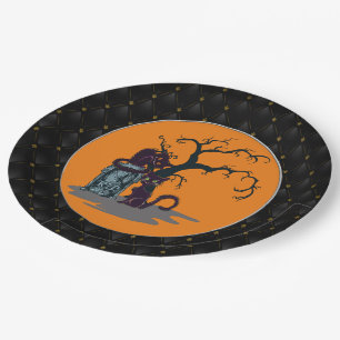 Black Boarder Black Cats Tombstone Tree Halloween Papieren Bordje