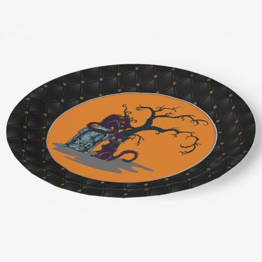 Black Boarder Black Cats Tombstone Tree Halloween Papieren Bordje (Gekanteld)
