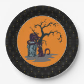 Black Boarder Black Cats Tombstone Tree Halloween Papieren Bordje (Voorkant)