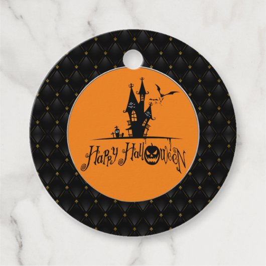 Black Boarder Gelukkig Halloween Haunted House Bedankjes Labels (Voorkant)