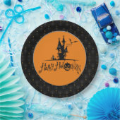 Black Boarder Gelukkig Halloween Haunted House Papieren Bordje (Feest)