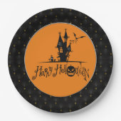 Black Boarder Gelukkig Halloween Haunted House Papieren Bordje (Voorkant)