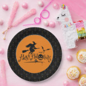 Black Boarder Gelukkige Halloween Heks En Vleermui Papieren Bordje (Feest)