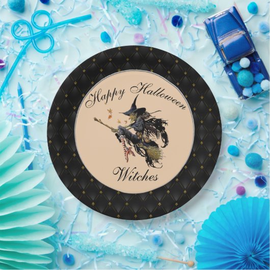 Black Boarder Happy Halloween Witches Broom Papieren Bordje (Feest)