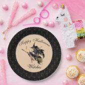 Black Boarder Happy Halloween Witches Broom Papieren Bordje (Feest)