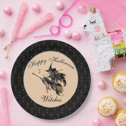 Black Boarder Happy Halloween Witches Broom Papieren Bordje (Feest)